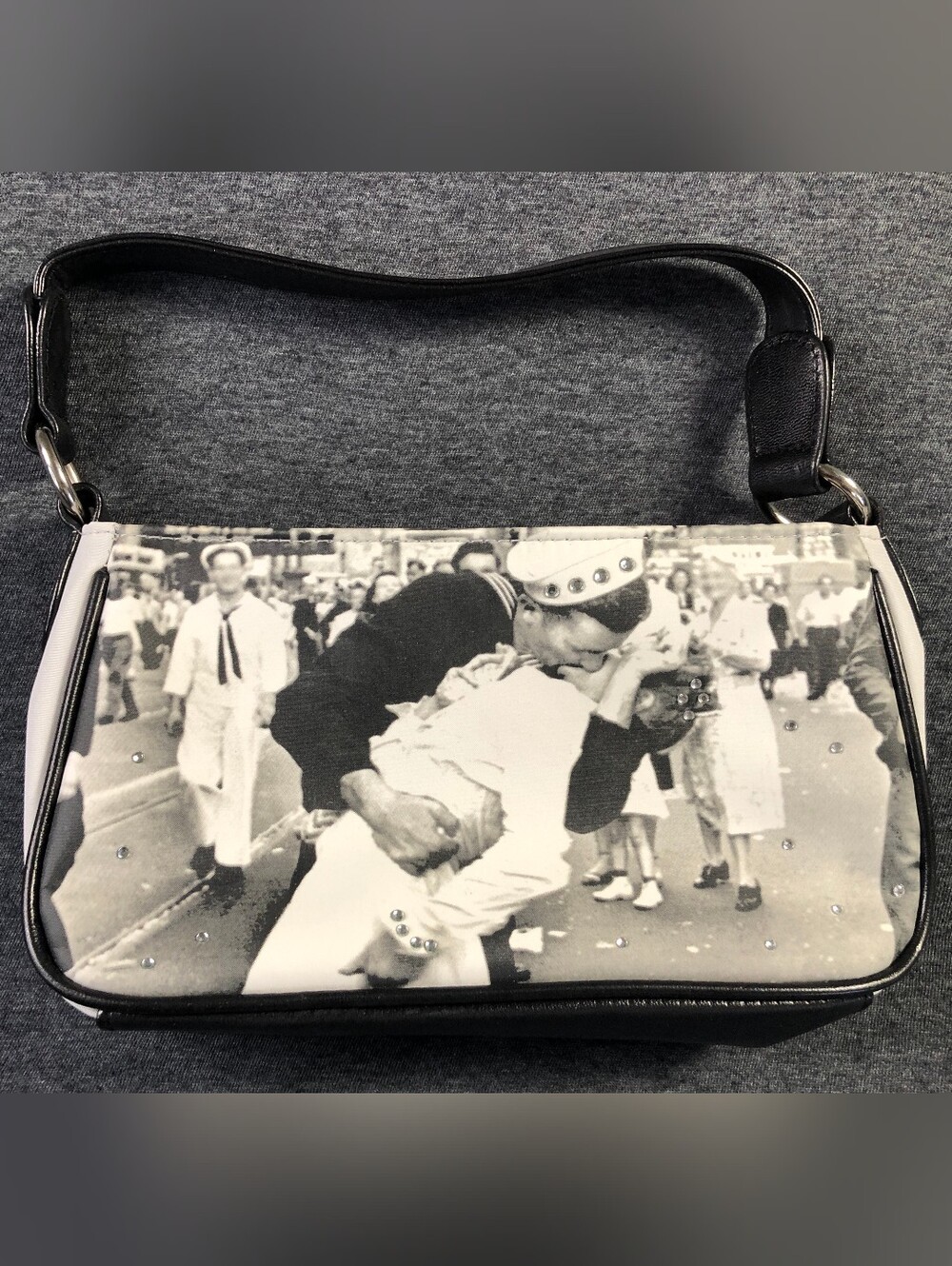 Black & White Graphic Shoulder Bag w/ WWII Famous Kiss Print from LIFE Magazine